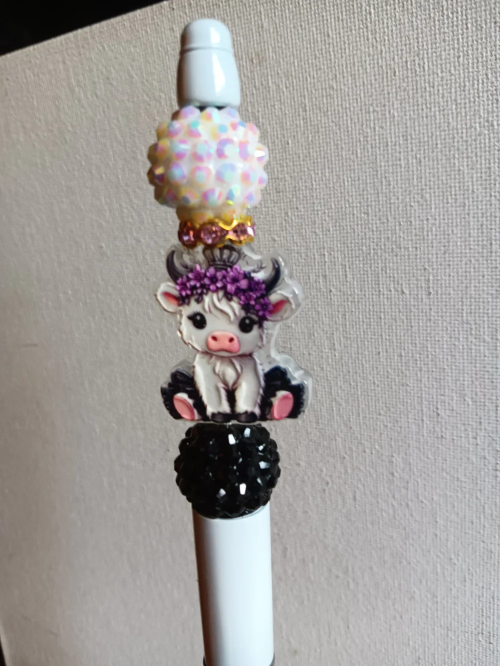 Cute White Cow Beaded Pen - Decorative Pink & Purple Accent